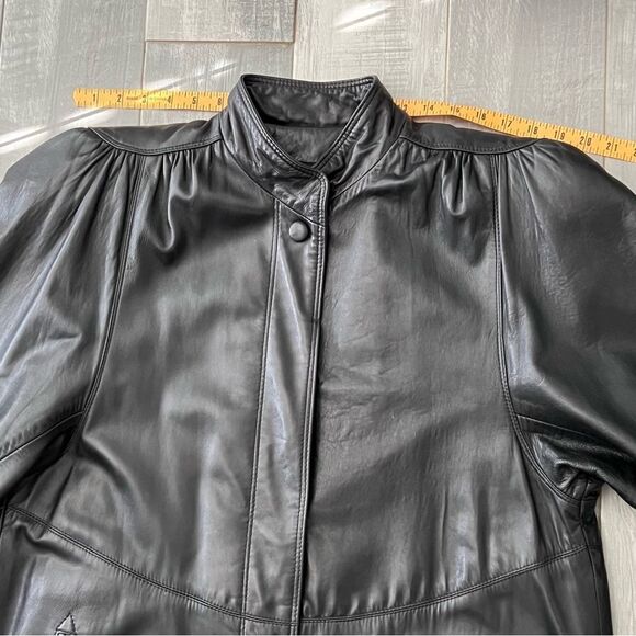 Vtg 80s Leather Coat Long Goth Whimsigoth Full Length Shoulder Pad Victorian L - Picture 14 of 15